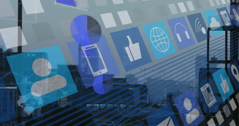 Digital Transformation Concept with Futuristic Icons Over Cityscape