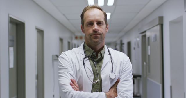 Confident Doctor Standing in Hospital Corridor with Stethoscope - Download Free Stock Images Pikwizard.com