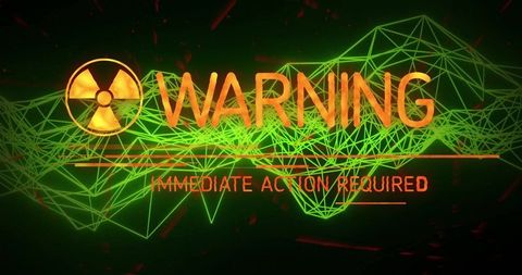 Cybersecurity threat warning with neon radiation symbol