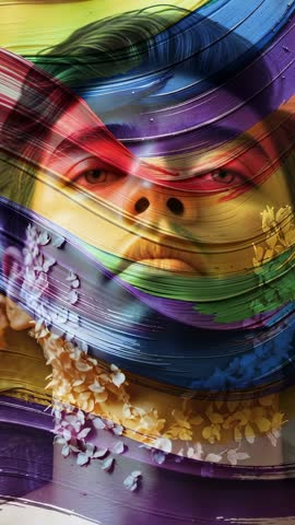 Asian model emerging through rainbow paint strokes in vertical beauty video for editorial use