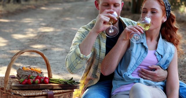 A Caucasian couple enjoys a glass of wine during a picnic, with copy space. Their relaxed outdoor setting with a picnic basket filled with food adds a romantic and leisurely ambiance.