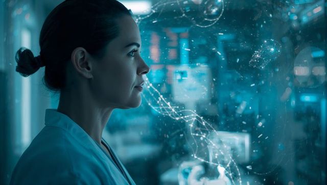 Female scientist analyzing holographic data on glass display in futuristic high-tech lab
