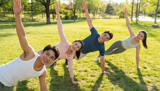Young adults doing side-plank workout in sunny park grass — outdoor fitness group