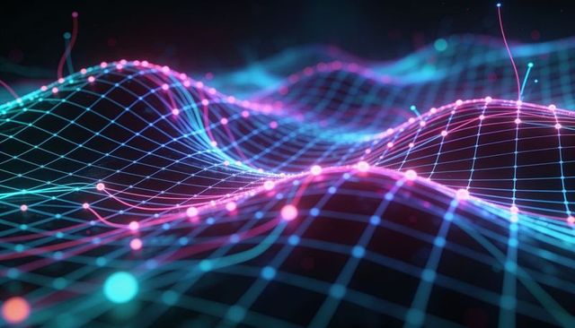 Undulating neon wireframe wave grid with luminous nodes and futuristic digital glow mesh