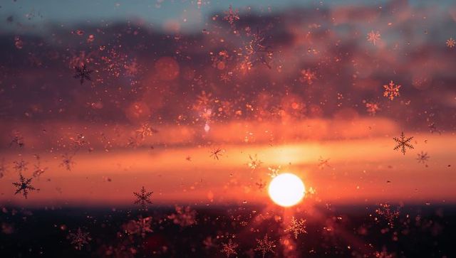 Sunset through frosted glass with snowflake bokeh and warm twilight horizon glow