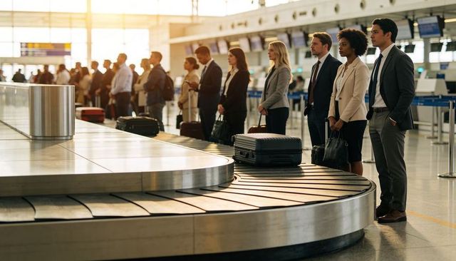 Business Travelers Waiting at Baggage Claim with Hard-Shell Suitcase in Backlit Terminal