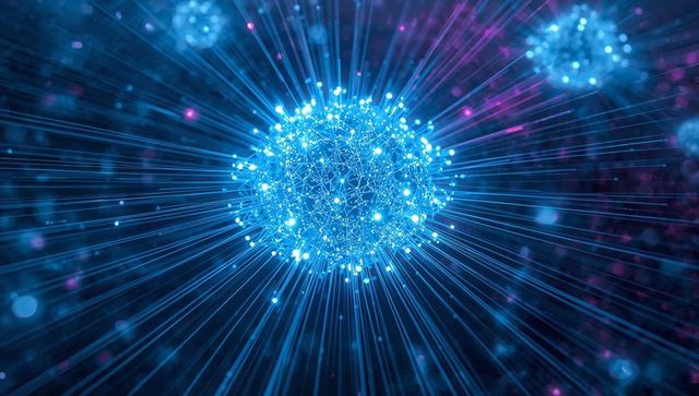 Glowing network sphere emitting radial light beams with linked nodes and neon bokeh