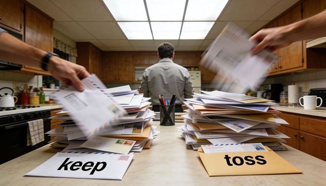 Man sorting mail on kitchen island with keep and toss stacks, home paper declutter