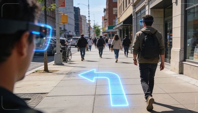 Urban pedestrian navigating with ar visor projecting glowing left-turn arrow on sidewalk