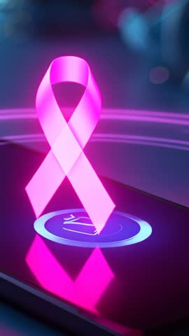 Vertical holographic pink ribbon projecting over panel with neon rings and scanning beam