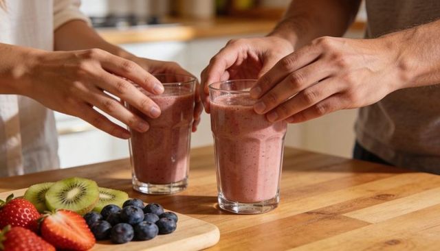 Couple clinking pink fruit smoothies on wooden kitchen countertop with fresh berries