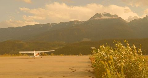 Single-engine propeller plane taxiing on alpine airstrip with golden grasses and rugged peaks