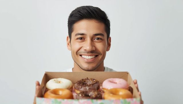 Man holding a box of assorted donuts with smile