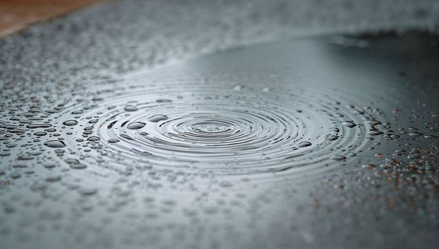 Forming concentric water ripples on wet dark surface with scattered droplets and grit