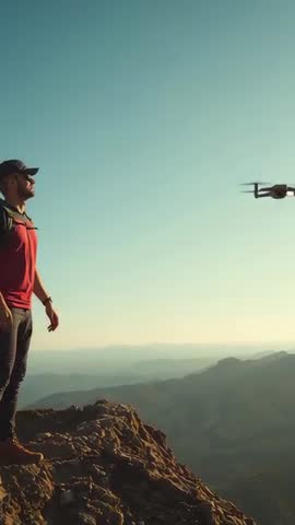 Standing hiker watching drone flying toward summit capturing panoramic alpine ridge video