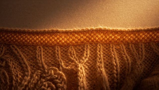 Warm golden cable knit sweater hem backlit macro texture with ribbed edge and yarn halo