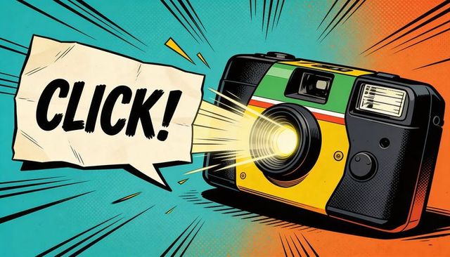 Vintage camera emitting flash with click speech bubble in retro pop art comic style
