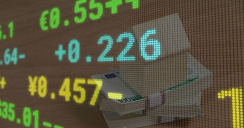 Euro banknotes with digital rate ticker overlay representing financial market