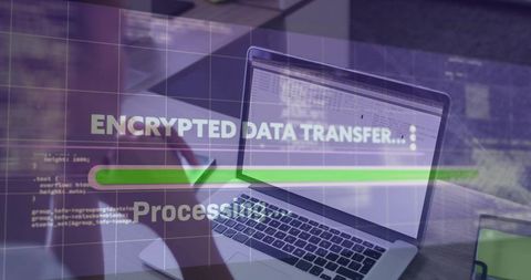 It professional typing while encrypted data transfer progress bar overlaying laptop screen