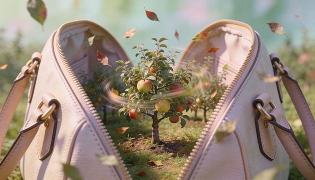 Miniature apple tree growing inside open beige leather handbag with swirling autumn leaves