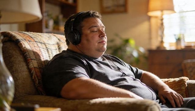 Midlife man relaxing in plush armchair wearing over-ear headphones enjoying home comfort
