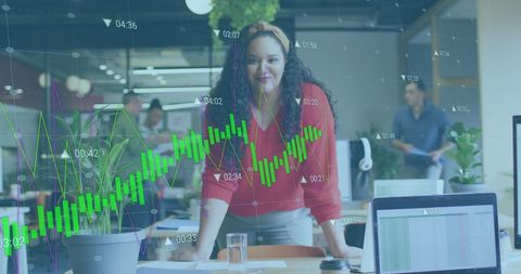 Businesswoman Analyzing Market Trends with Analytics Interface