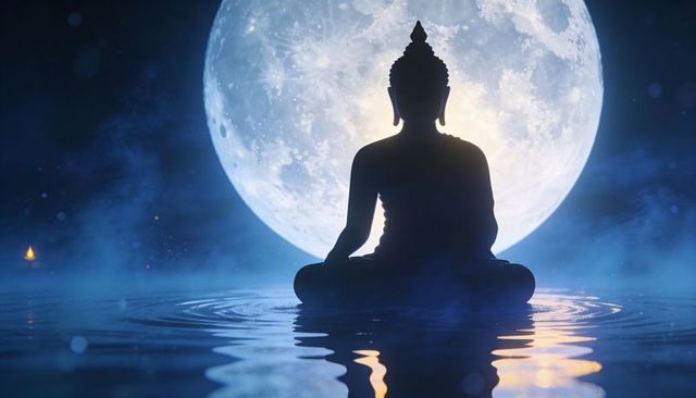 Silhouette buddha meditating on moonlit lake with radiant halo and reflective water, full moon
