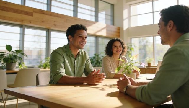 Business casual team collaborating in sunlit modern office around wooden table with plants
