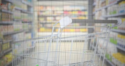 Empty shopping cart in supermarket aisle with analytics overlay and retail data concept