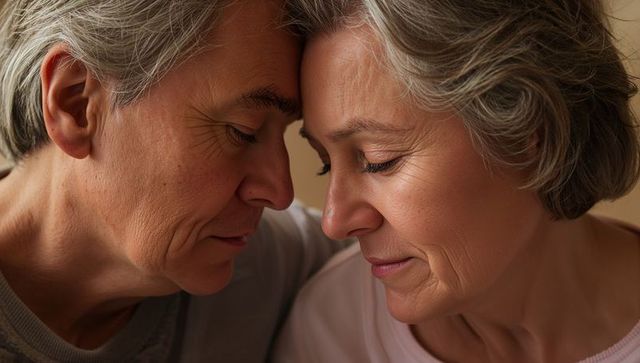 Senior women touching foreheads sharing tender intimate moment of affection and warmth