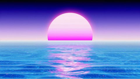 Neon Pink Sun Setting Over Retro Futuristic Ocean with Grid Lines and Vaporwave Glow