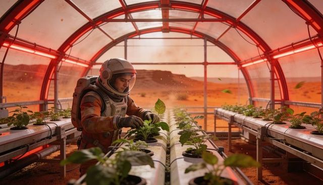 Astronaut tending hydroponic plants in martian greenhouse under red leds for space farming