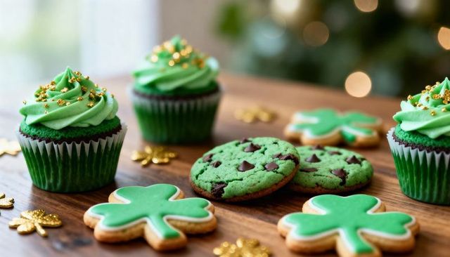 St Patrick's Day Cupcakes and Shamrock Cookies Featuring Green Frosting and Gold Confetti on Wooden 