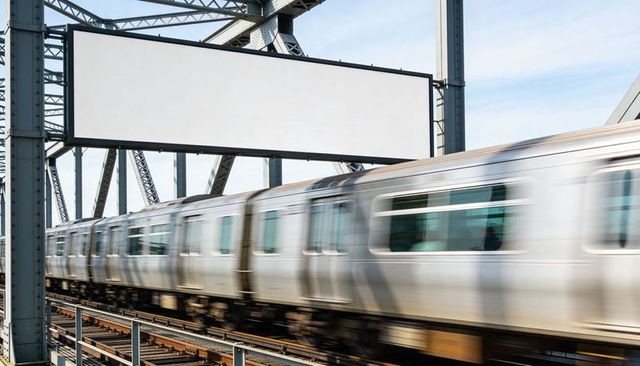 Speeding silver commuter train crossing steel truss bridge with blank billboard for advertising