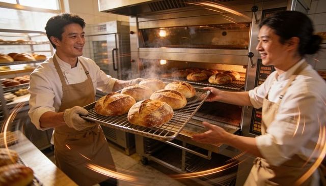 Bakers Pulling Fresh Rustic Sourdough Loaves From Industrial Oven, Smiling Teamwork