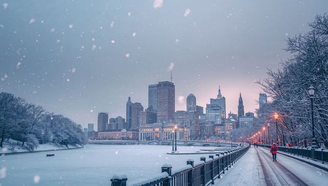 Snow-covered riverfront skyline at dusk with red-coated walker and lit lampposts