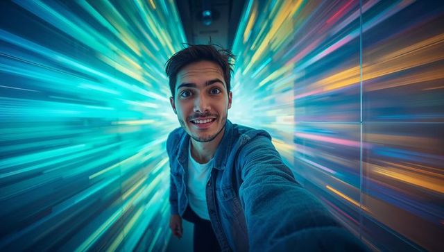 Young man taking selfie in neon led tunnel with motion blur and futuristic reflections