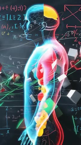 Rotating Human Anatomy Model Revealing Glowing Organs and Floating Data Cubes