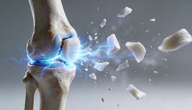 Knee joint fracturing and sparking with blue electric energy and flying bone fragments