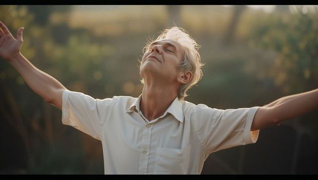 Senior man embracing sunlight with outstretched arms and peaceful face during golden hour
