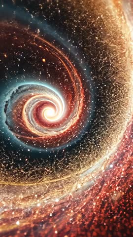 Vertical cosmic spiral vortex rotating, glowing core, trailing golden starfield motion