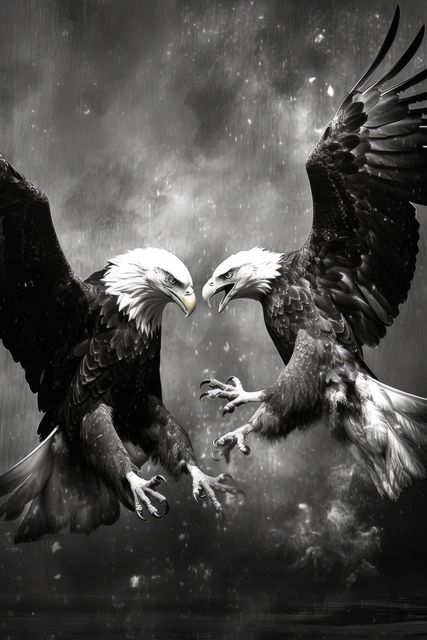 Two majestic eagles clash in mid-air against a dramatic sky. Their powerful talons are poised for combat, symbolizing strength and freedom.