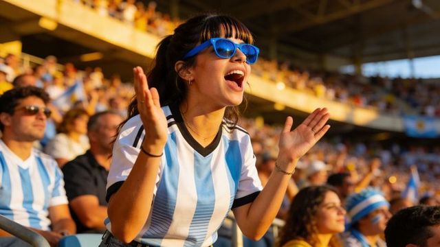 Young woman cheering in argentina striped jersey and blue sunglasses at sunlit stadium