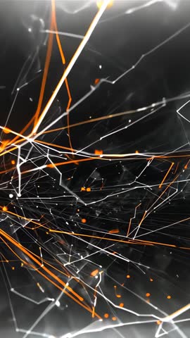 Neon Filament Network Growing into Dark Void with Central Node and Orange Sparks | Vertical Video