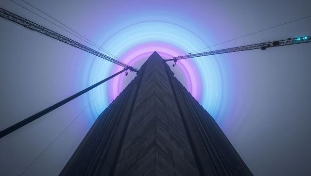 Concrete tower core soaring into fog with neon halo and intersecting construction cranes