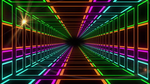 radiant scene with a vibrant geometric neon tunnel, creating impression of endless movement. useful for technology, digital art concepts, web backgrounds, or science fiction themes. suitable for presentations on futuristic designs, visual effects in entertainment, or interactive graphics displays.