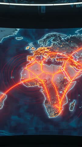 Futuristic control room video projecting glowing red network arcs over Africa and Europe map