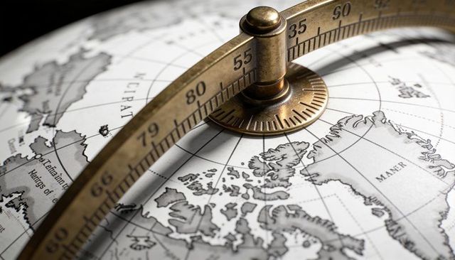 Antique brass meridian measuring latitude on polar printed globe with engraved scale