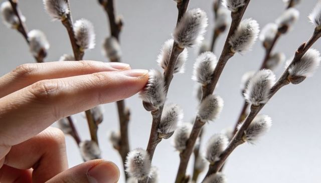 Touching pussy willow catkins close-up hand feeling soft silver buds for spring interiors