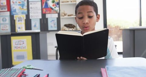 Young student reading book in classroom surrounded by learning materials